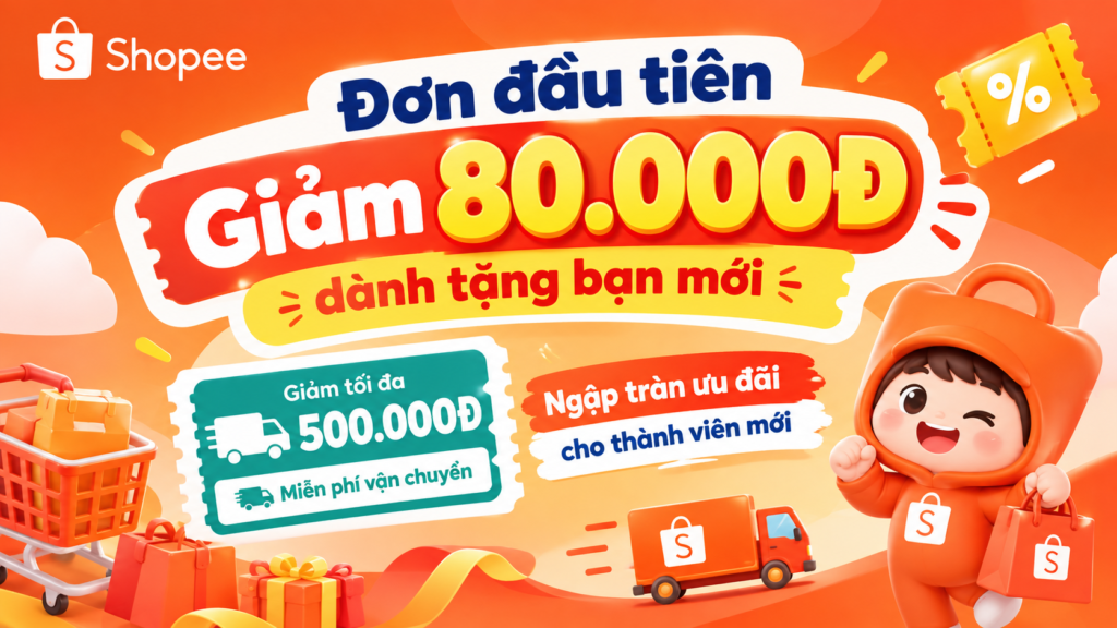 Mã giảm 80k Shopee cho người mới - đơn đầu tiên giảm 80.000đ, miễn phí vận chuyển tối đa 500.000đ ma giam 80k Shopee cho nguoi moi