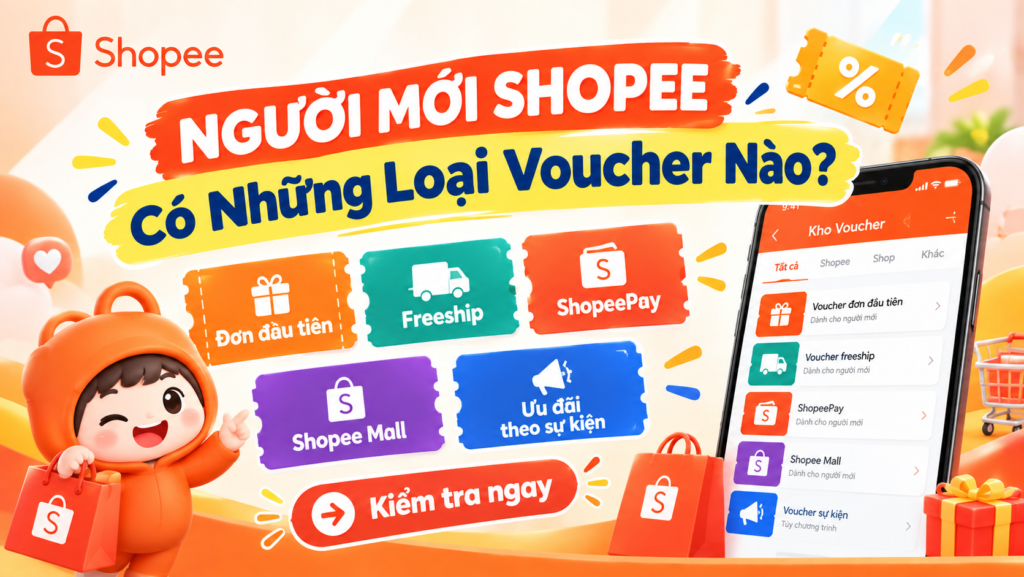 Các loại voucher Shopee cho người mới: đơn đầu tiên, freeship, mã ShopeePay, Shopee Mall và ưu đãi theo sự kiện cac loai voucher Shopee cho nguoi moi