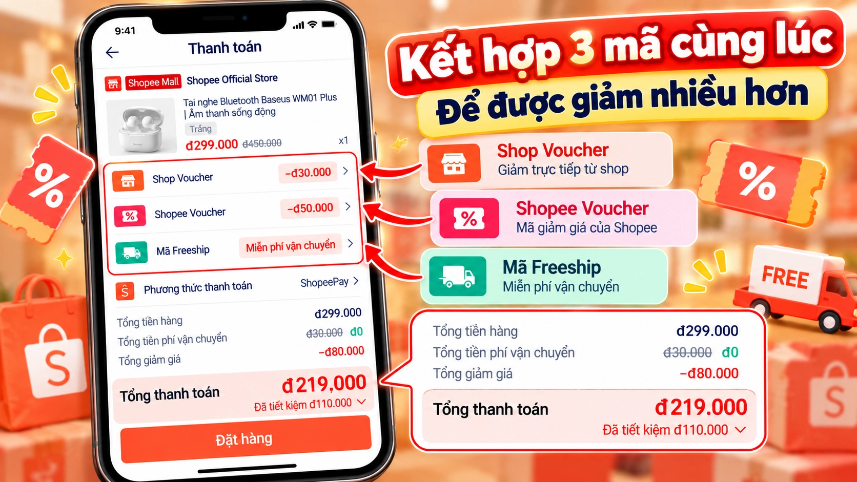 Hình minh họa áp đủ 3 voucher trước khi đặt hàng Hình minh họa kết hợp Shop Voucher, Shopee Voucher và voucher miễn phí vận chuyển
