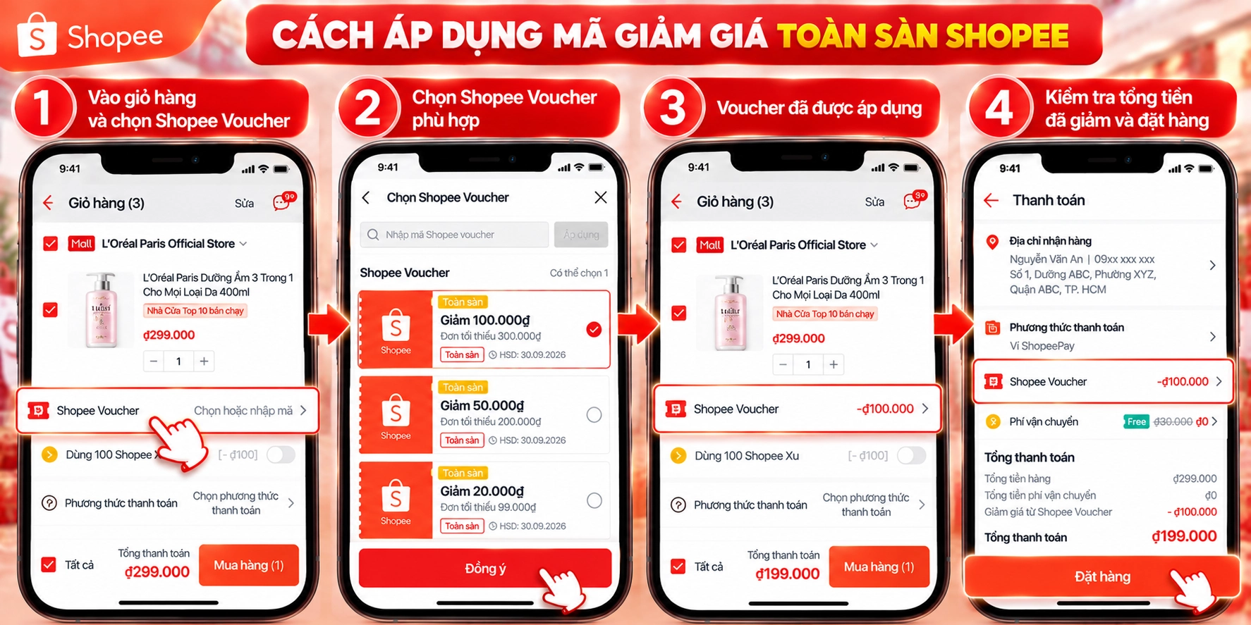 Hình minh họa cách áp dụng mã giảm giá toàn sàn Shopee khi thanh toán