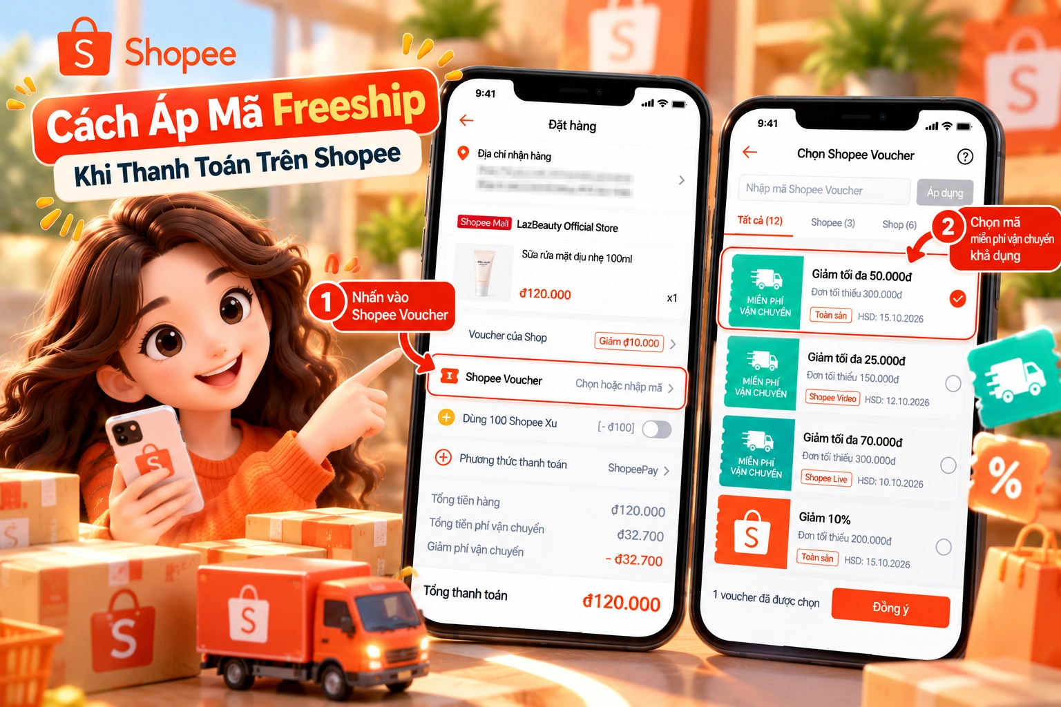 Hình minh họa mục Shopee Voucher ở trang đặt hàng Shopee Hình minh họa mục Shopee Voucher ở trang đặt hàng Shopee khi chọn mã miễn phí vận chuyển