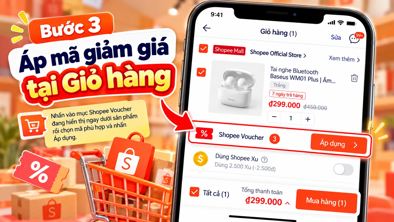 Hình minh họa chọn Shopee Voucher tại Giỏ hàng Hình minh họa áp mã giảm giá Shopee tại Giỏ hàng