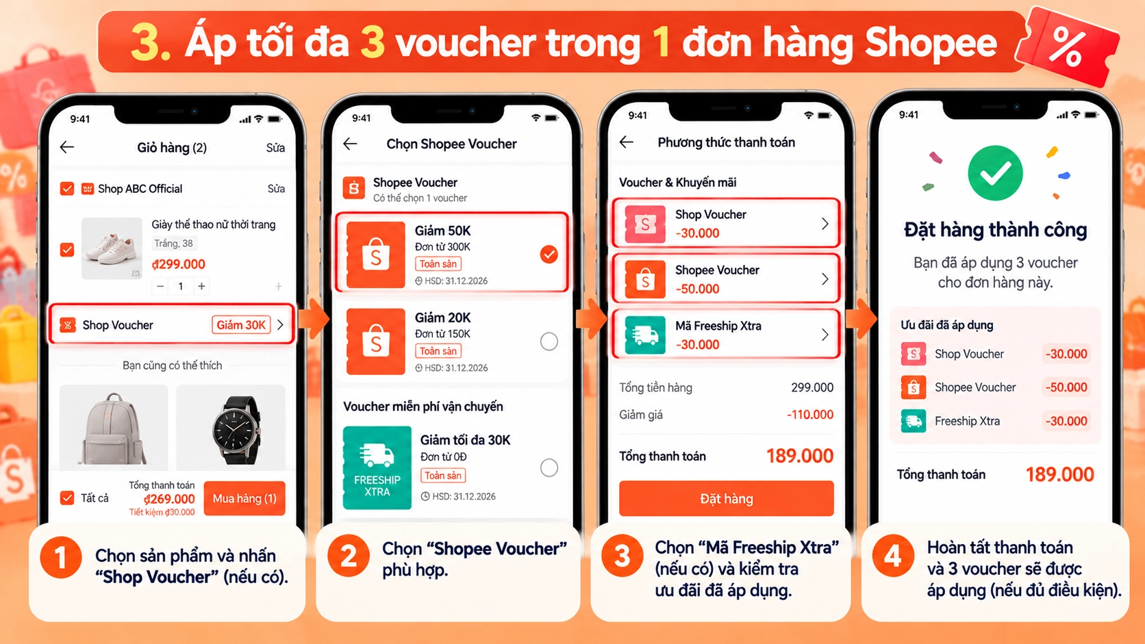 Hình minh họa cách áp nhiều voucher cùng lúc trên Shopee Hình minh họa áp tối đa 3 voucher trong 1 đơn hàng Shopee