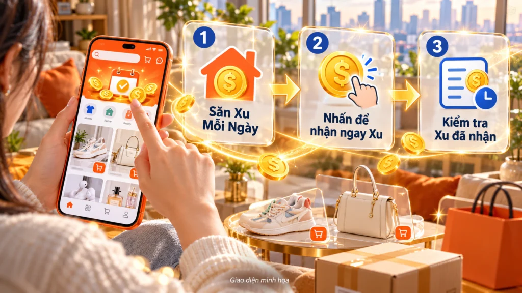Hình minh họa ba bước điểm danh Hình minh họa ba bước điểm danh nhận Xu trên ứng dụng Shopee