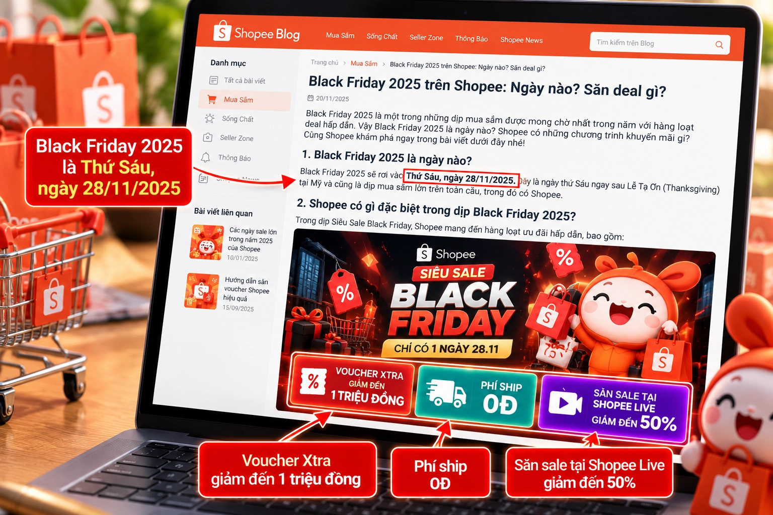 Hình minh họa ưu đãi Black Friday năm 2025 theo Shopee Blog Hình minh họa nội dung Shopee Blog về Black Friday 2025 với Voucher Xtra giảm đến 1 triệu đồng, phí ship 0Đ và Shopee Live giảm đến 50%