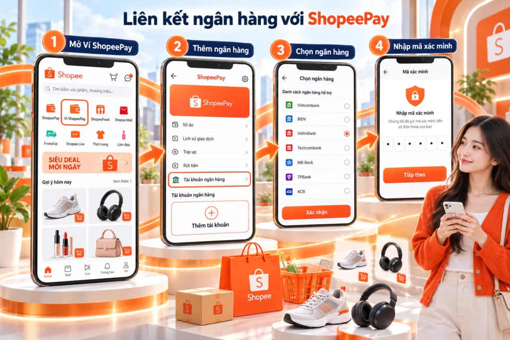 Hình minh họa bốn bước liên kết tài khoản ngân hàng với Ví ShopeePay: mở ví, thêm ngân hàng, chọn ngân hàng, nhập mã xác minh