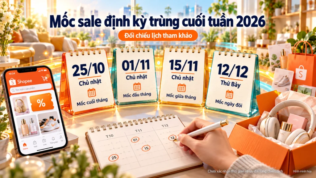 Hình minh họa bốn thẻ lịch 25/10, 01/11, 15/11 và 12/12 là các mốc sale định kỳ trùng cuối tuần 2026