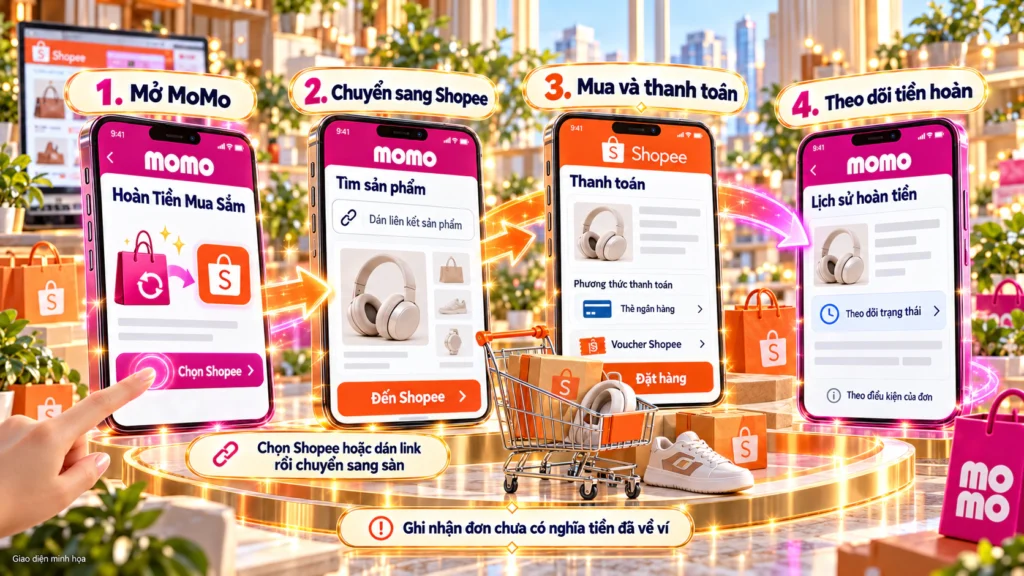 Hình minh họa các bước nhận tiền hoàn Hình minh họa bốn bước mua Shopee qua Hoàn Tiền Mua Sắm của MoMo và theo dõi tiền hoàn