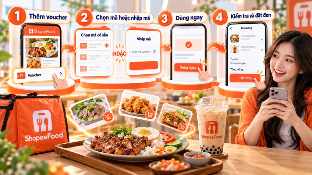 Hình minh họa các bước nhập mã Hình minh họa các bước nhập mã giảm giá ShopeeFood trước khi đặt đơn