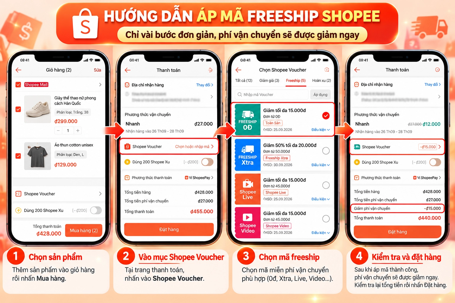 Hình minh họa áp mã freeship Shopee Hình minh họa cách áp mã freeship Shopee khi thanh toán
