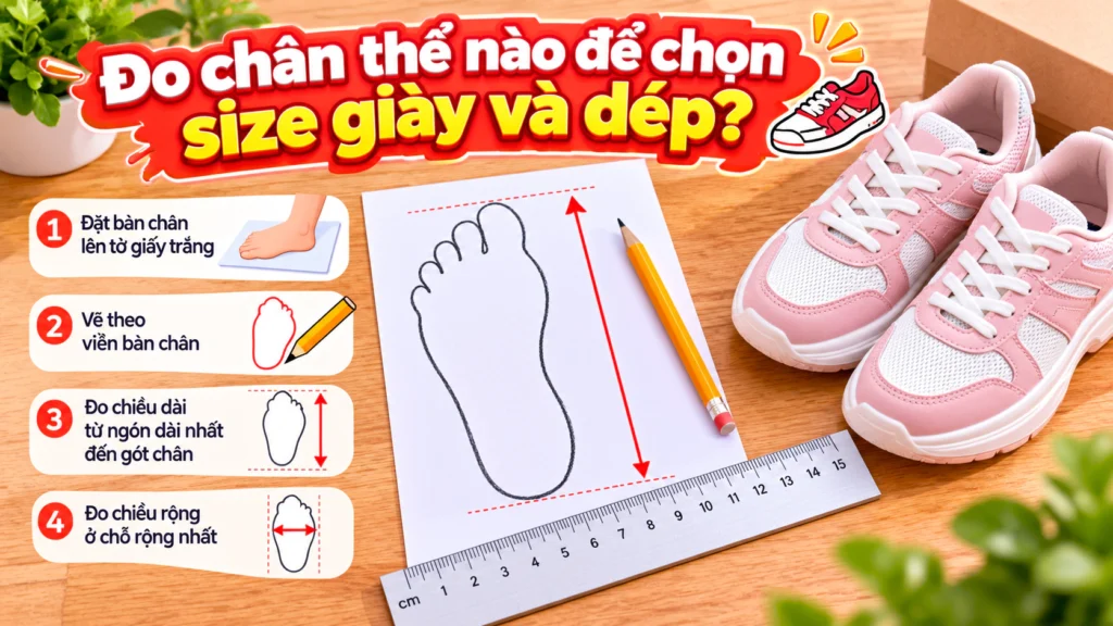 Hình minh họa đo chân chọn size giày dép Hình minh họa cách đo chiều dài bàn chân bằng tờ giấy và thước kẻ để chọn size giày dép