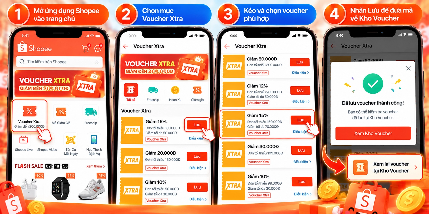 Hình minh họa giao diện lưu Voucher Xtra từ trang chủ Shopee Hình minh họa cách lấy Voucher Xtra Shopee từ mục Mã Giảm Giá