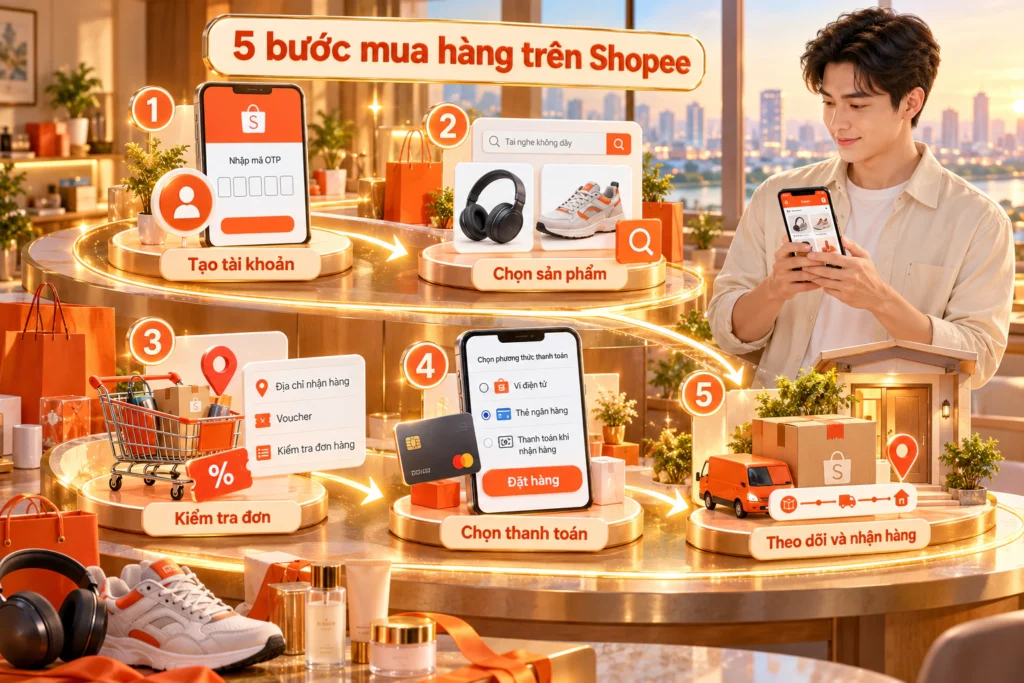 Hình minh họa lộ trình năm bước mua hàng Shopee lần đầu