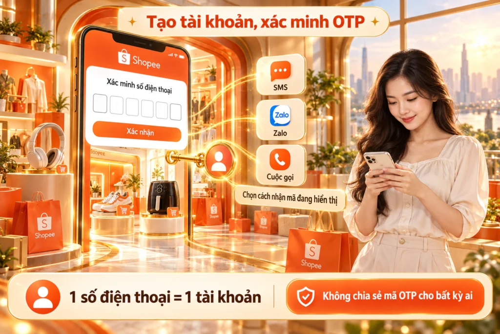 Hình minh họa xác minh số điện thoại bằng OTP Hình minh họa nhập mã OTP xác minh số điện thoại khi tạo tài khoản mua sắm