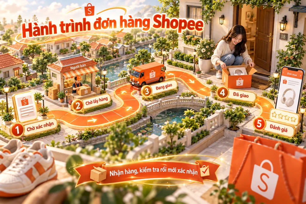 Hình minh họa hành trình đơn hàng đến tay người nhận Hình minh họa hành trình một đơn hàng từ lúc đặt đến khi người mua nhận hàng