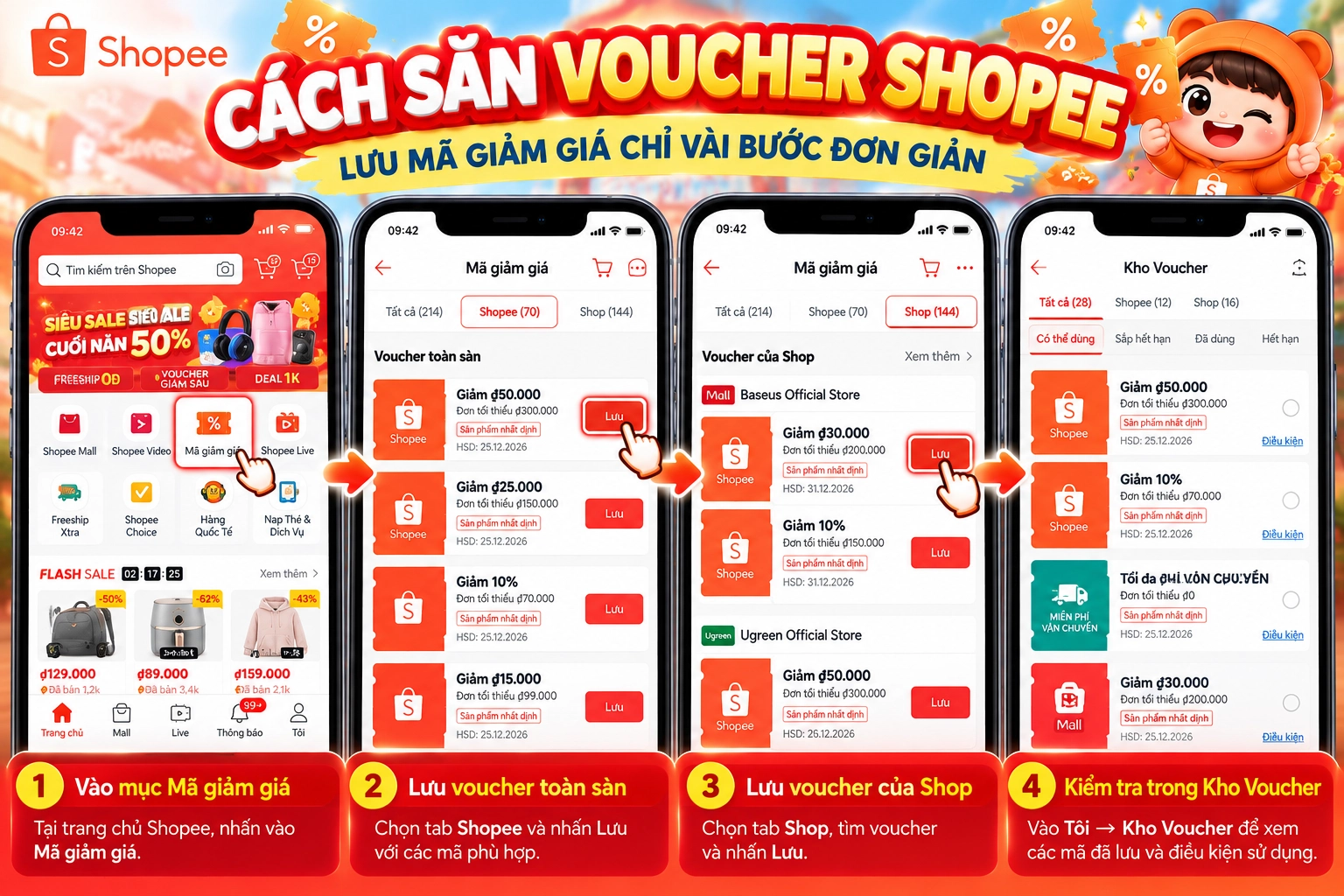 Hình minh họa tìm và lưu mã vào Kho Voucher Hình minh họa cách tìm và lưu mã giảm giá Shopee vào Kho Voucher