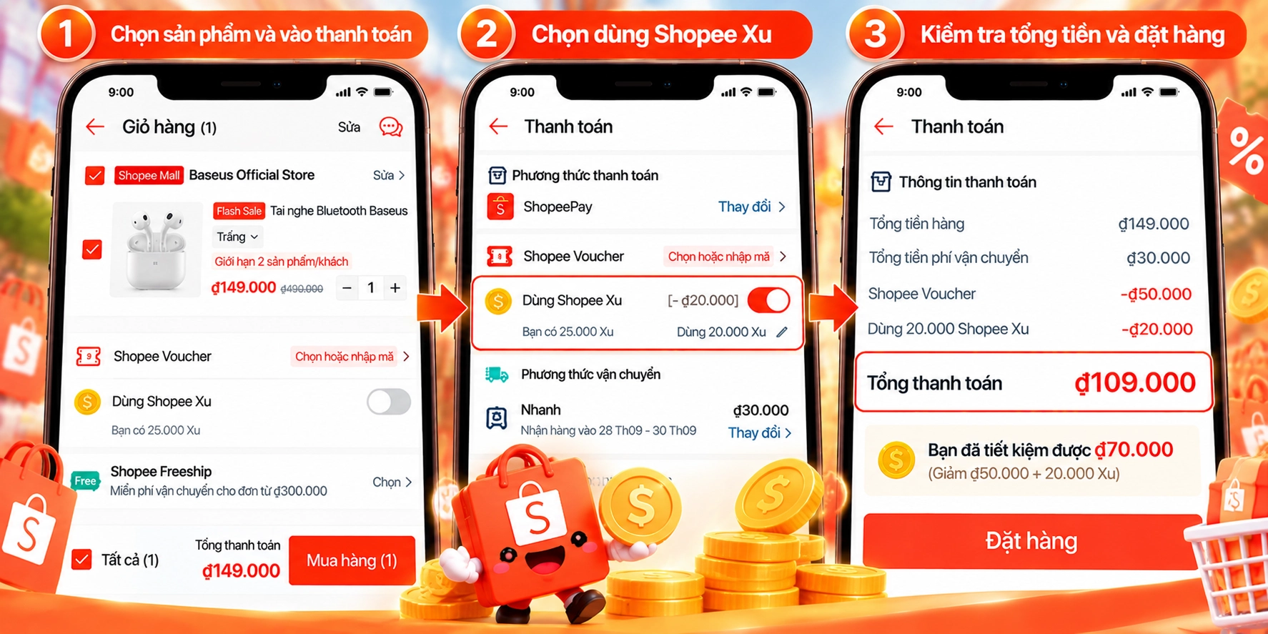 Hình minh họa màn hình thanh toán Shopee Hình minh họa màn hình thanh toán Shopee với tùy chọn dùng Shopee Xu