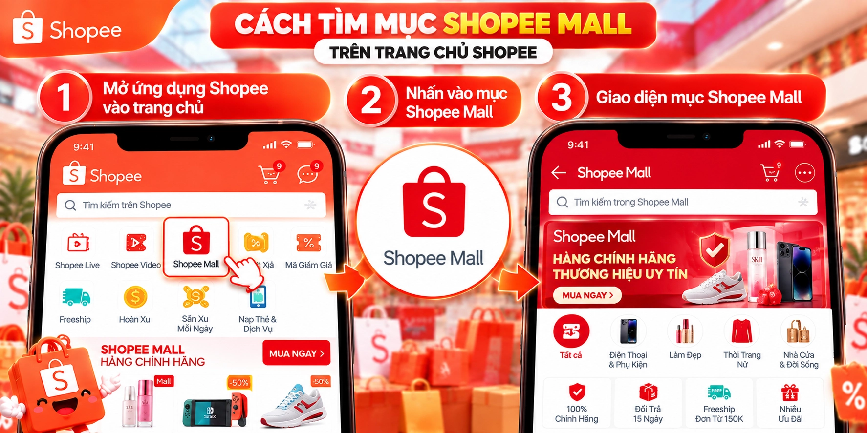 Hình minh họa tìm mục Shopee Mall trên trang chủ Hình minh họa cách tìm mục Shopee Mall trên trang chủ Shopee