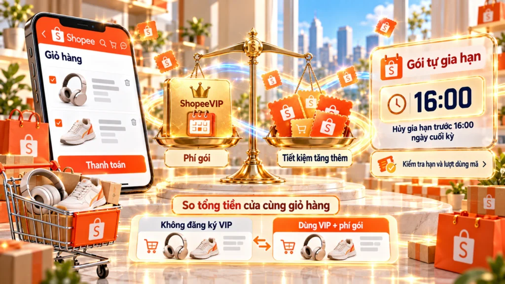 Hình minh họa cân nhắc trước khi đăng ký ShopeeVIP Hình minh họa so phí ShopeeVIP với khoản tiết kiệm tăng thêm và lưu ý thời điểm thu phí của gói tự gia hạn