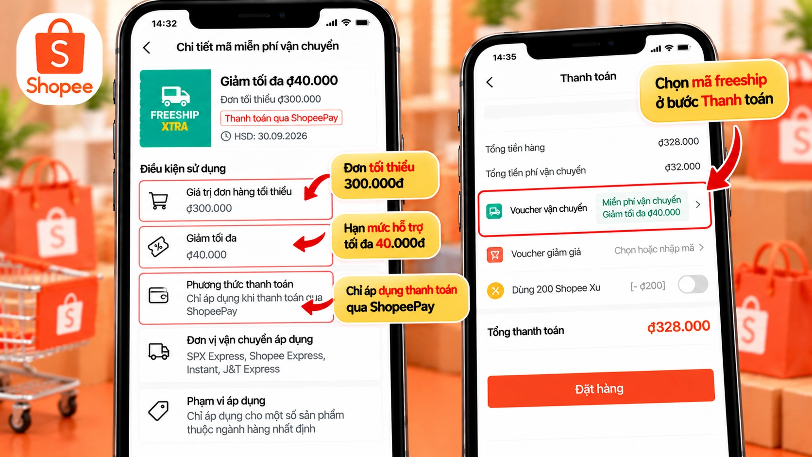 Hình minh họa chi tiết điều kiện của mã miễn phí vận chuyển Shopee