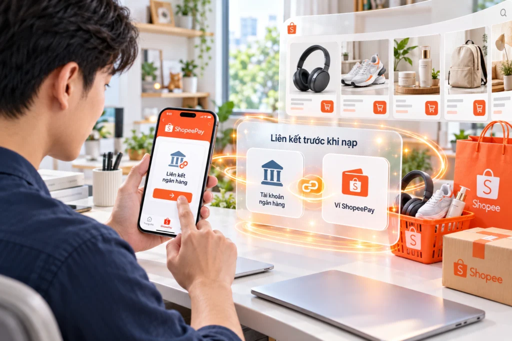 Hình minh họa người dùng liên kết tài khoản ngân hàng với Ví ShopeePay trên điện thoại