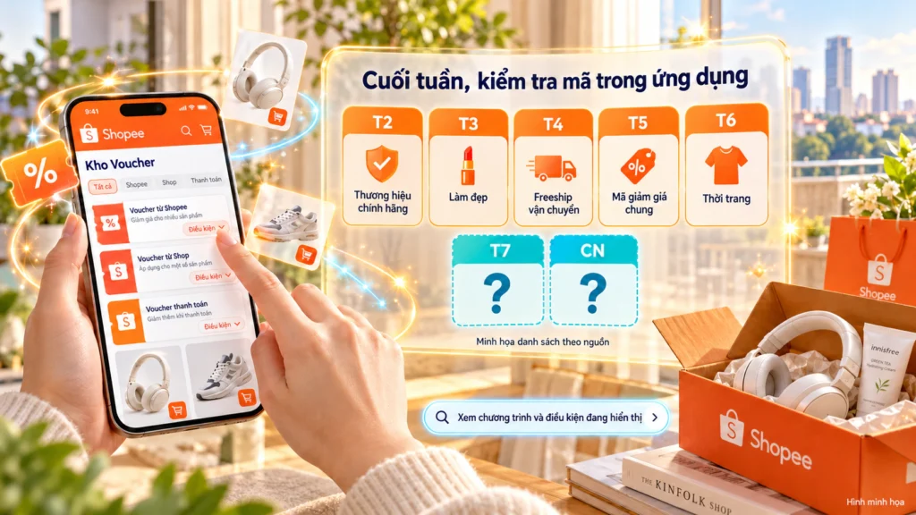 Hình minh họa dải bảy thẻ ngày trong tuần, năm thẻ đầu có biểu tượng chủ đề và hai thẻ cuối tuần có dấu hỏi