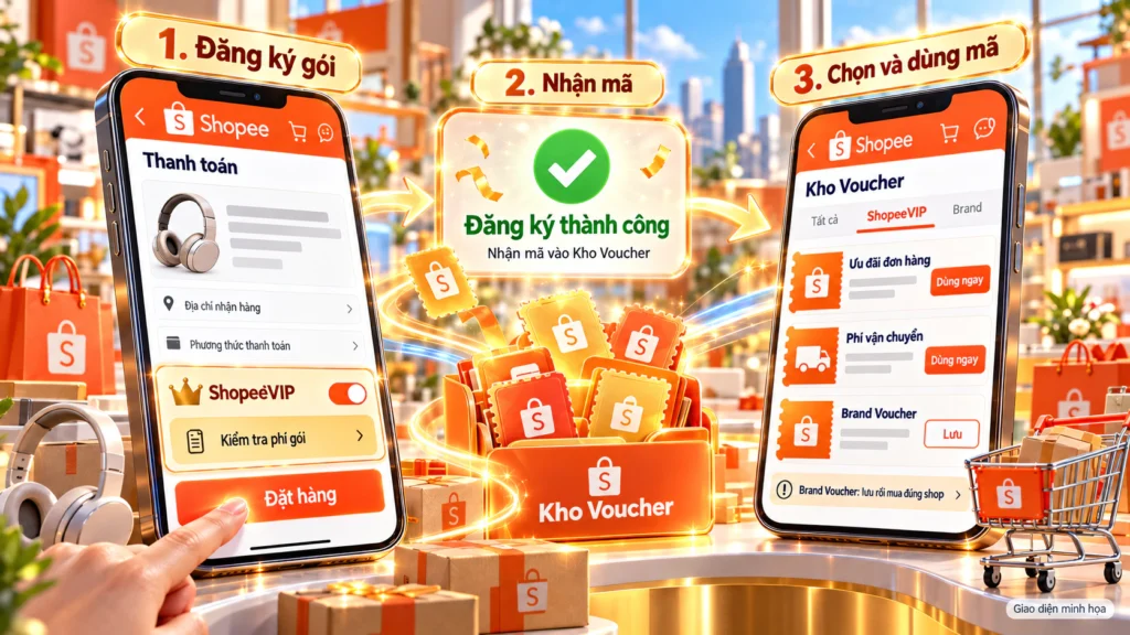 Hình minh họa đăng ký và nhận mã ShopeeVIP Hình minh họa đăng ký ShopeeVIP tại bước thanh toán, xác nhận thành công và nhận mã vào Kho Voucher
