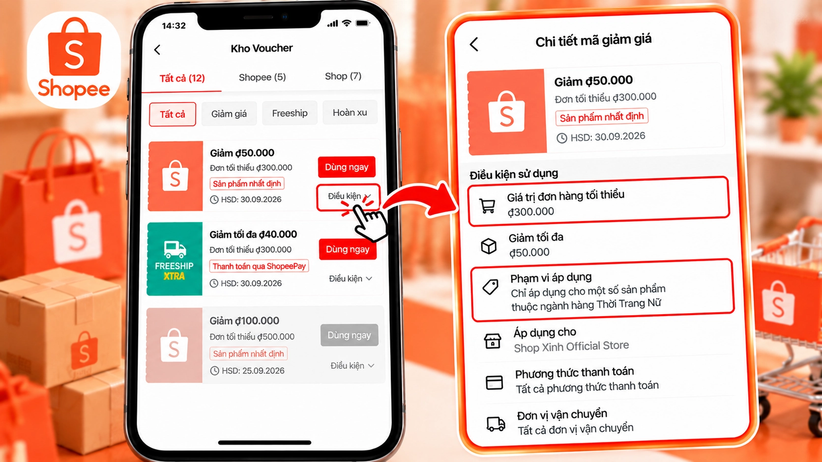 Hình minh họa chi tiết điều kiện áp dụng của một voucher Shopee