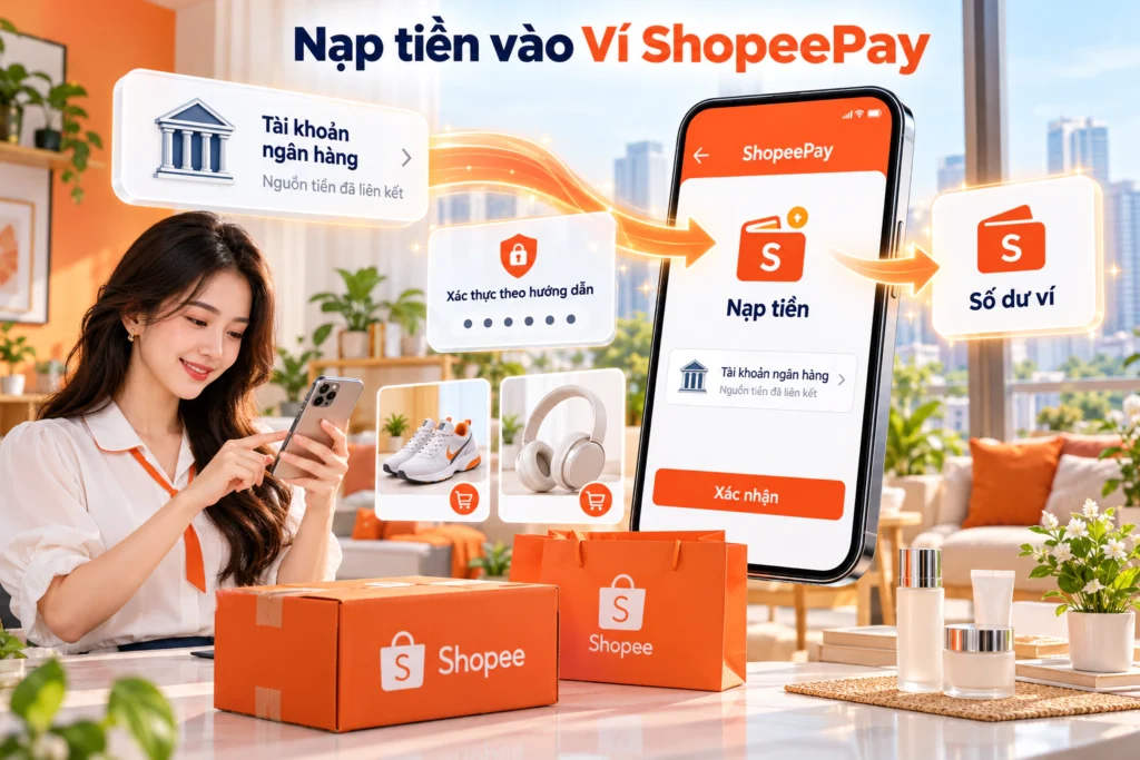 Hình minh họa luồng nạp tiền từ tài khoản ngân hàng đã liên kết vào số dư Ví ShopeePay kèm bước xác thực