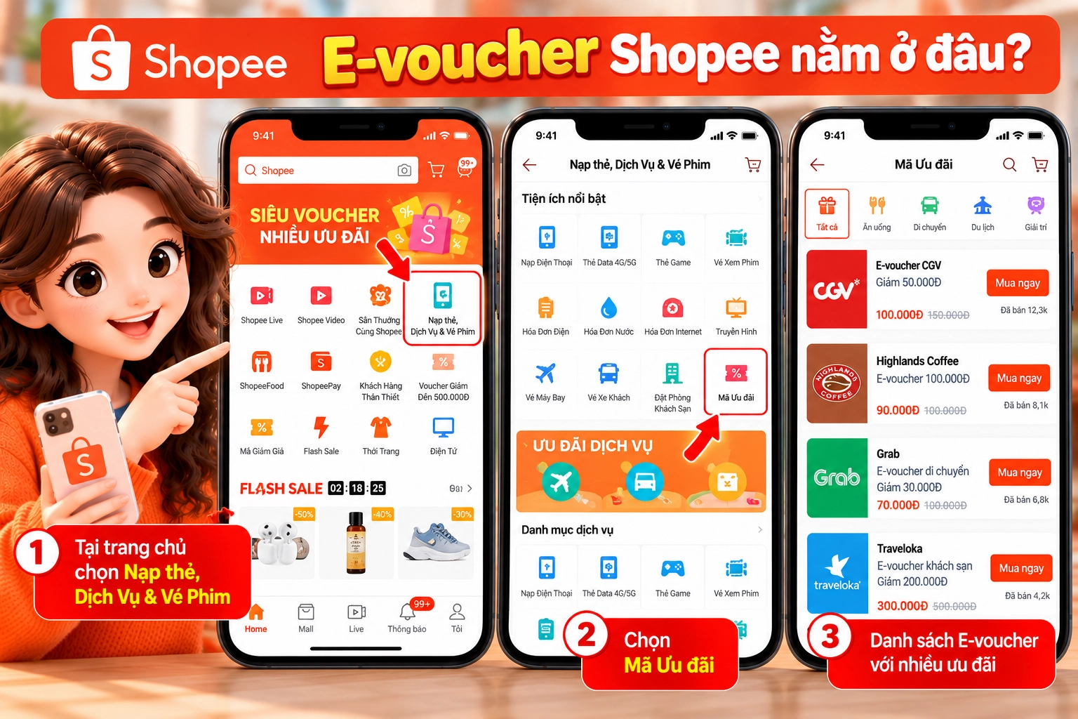 Hình minh họa mục Mã Ưu đãi E-voucher trong Nạp thẻ, Dịch Vụ & Vé Phim trên Shopee