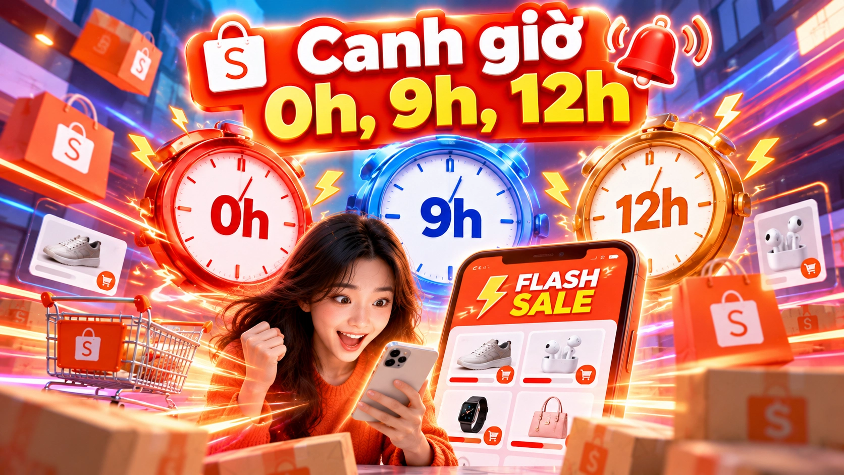 Hình minh họa canh giờ Flash Sale Hình minh họa người mua canh các khung giờ 0h, 9h và 12h để săn Flash Sale trên Shopee