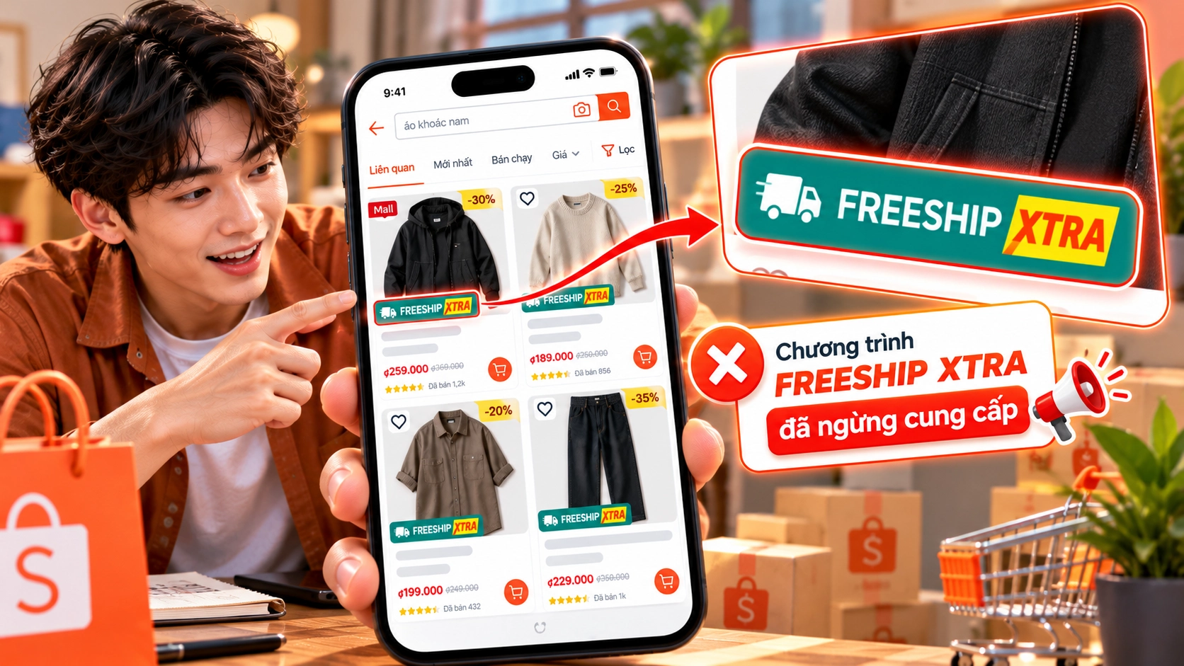 Hình minh họa nhãn Freeship Xtra trên sản phẩm Hình minh họa sản phẩm trên Shopee từng hiển thị nhãn Freeship Xtra của gói đã ngừng cung cấp