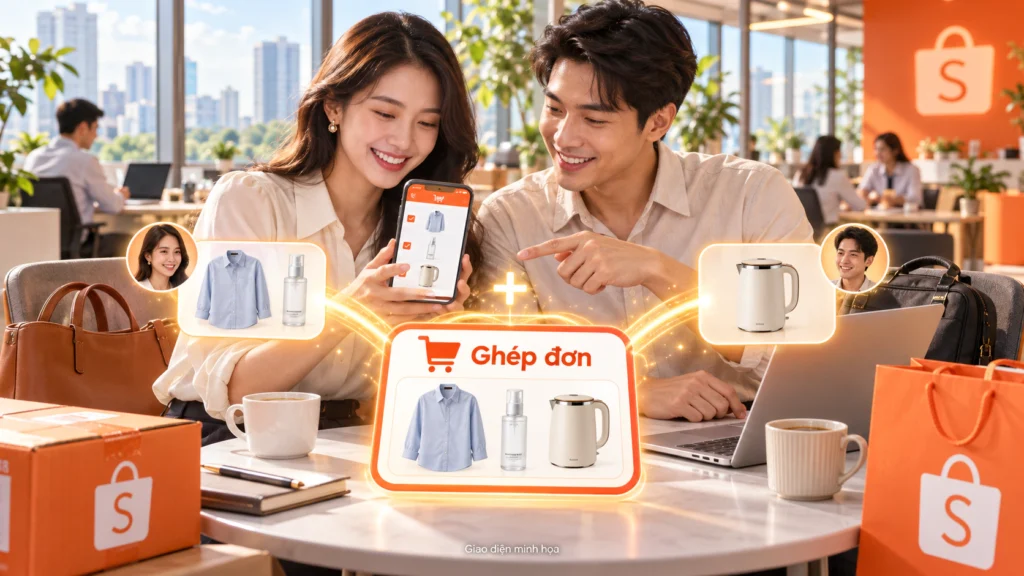 Hình minh họa hai đồng nghiệp cùng chọn món để ghép đơn khi mua sắm trực tuyến