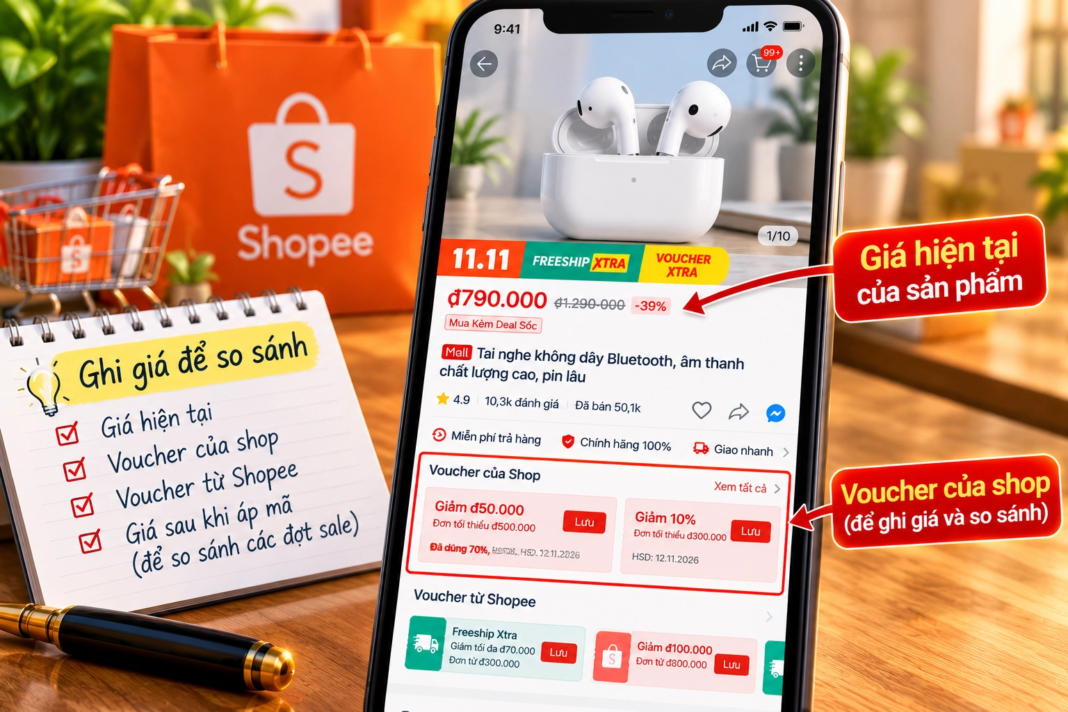Hình minh họa ghi giá sản phẩm trước Black Friday Hình minh họa trang chi tiết sản phẩm trên Shopee hiển thị giá hiện tại để ghi lại trước Black Friday