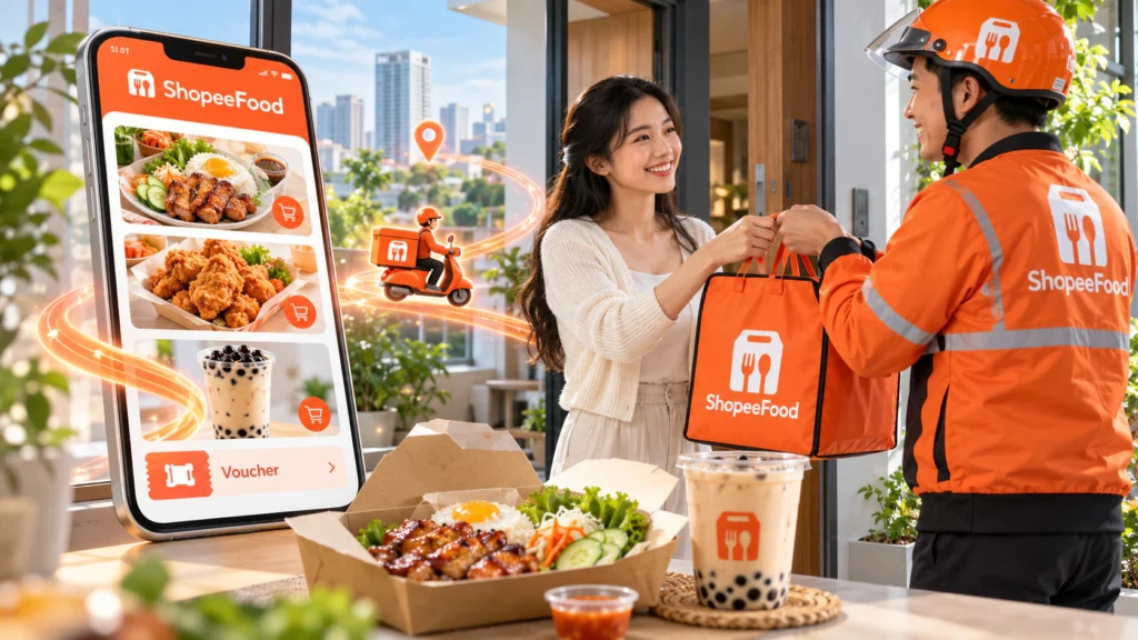 Hình minh họa đặt món và giao đồ ăn Hình minh họa đặt đồ ăn ShopeeFood trên điện thoại và nhận món giao tận nơi