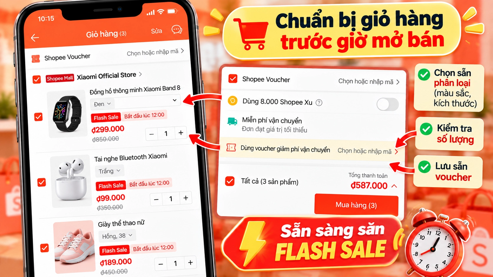 Hình minh họa kiểm tra giỏ hàng trước giờ Flash Sale Shopee Hình minh họa giỏ hàng Shopee có sản phẩm Flash Sale đã chọn phân loại