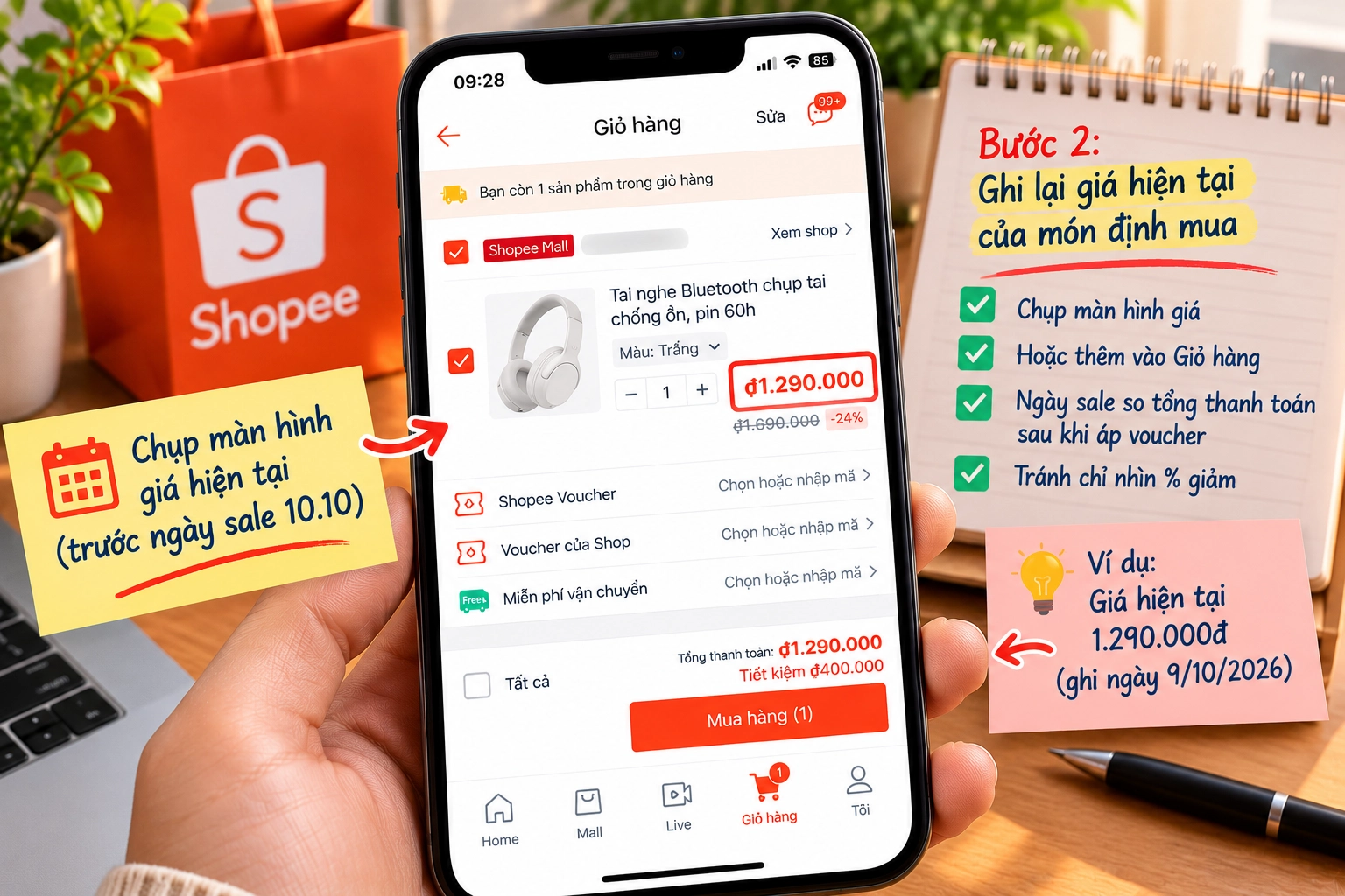 Hình minh họa giỏ hàng Shopee ghi lại giá món hàng trước ngày sale để so sánh