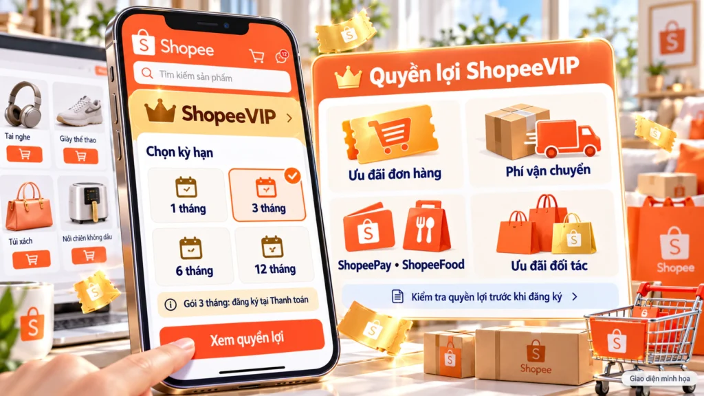Hình minh họa các gói ShopeeVIP Hình minh họa bốn gói ShopeeVIP theo kỳ hạn 1, 3, 6 và 12 tháng cùng các nhóm quyền lợi