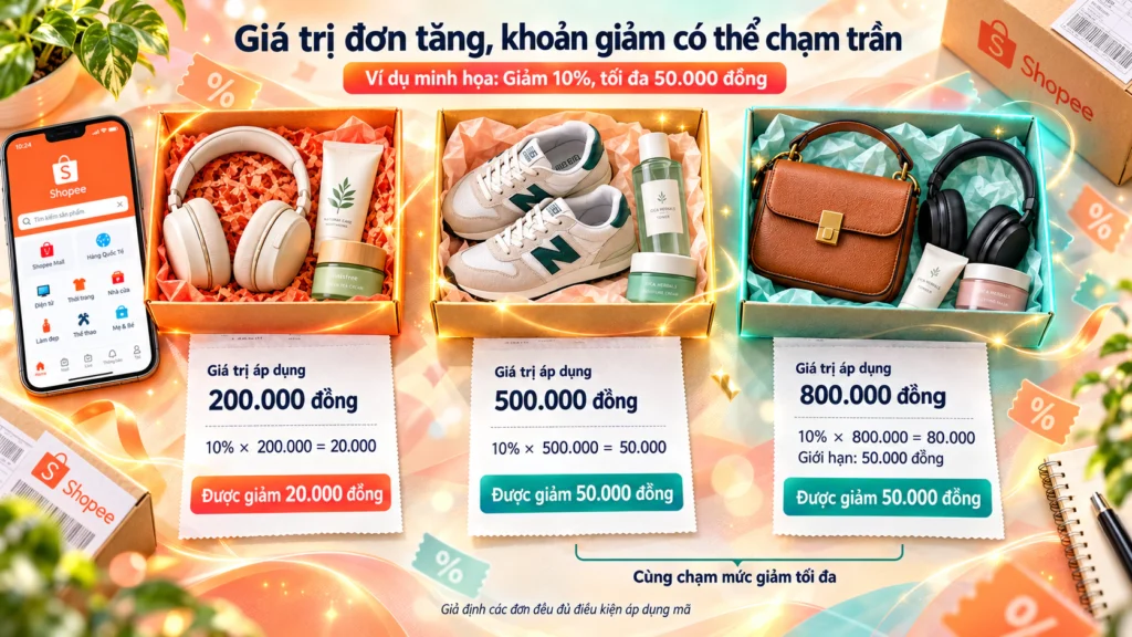 Hình minh họa hạn mức ưu đãi của voucher Hình minh họa ba đơn hàng tăng dần với khoản giảm theo phần trăm chạm hạn mức ưu đãi