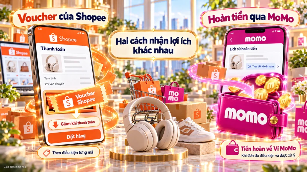 Hình minh họa voucher Shopee giảm ở bước thanh toán và tiền hoàn MoMo về Ví MoMo