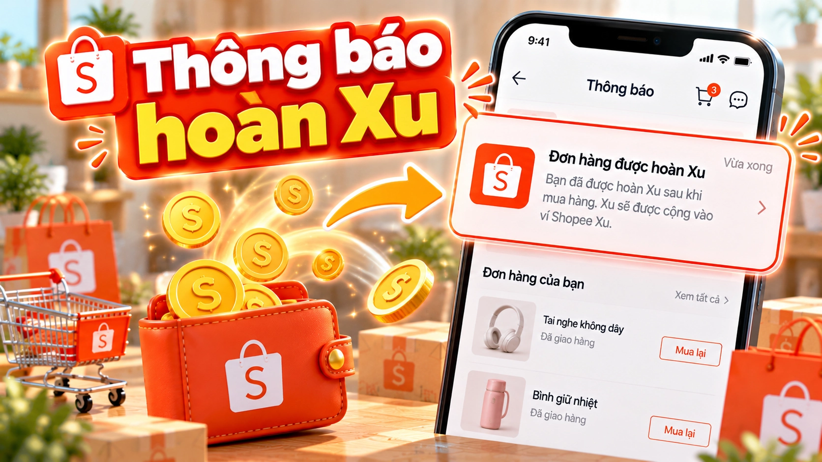 Hình minh họa thông báo hoàn Xu Hình minh họa thông báo đơn hàng được hoàn Xu trên Shopee sau khi mua hàng