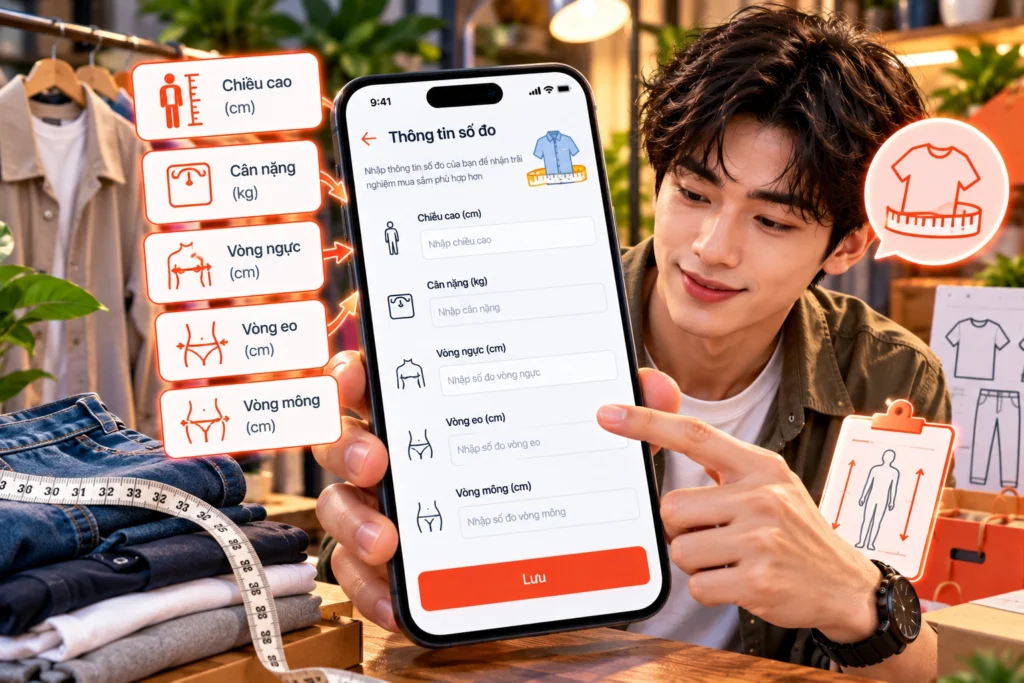 Hình minh họa nhập số đo chọn size Shopee Hình minh họa màn hình Thông tin số đo để nhận gợi ý size khi mua thời trang trên Shopee