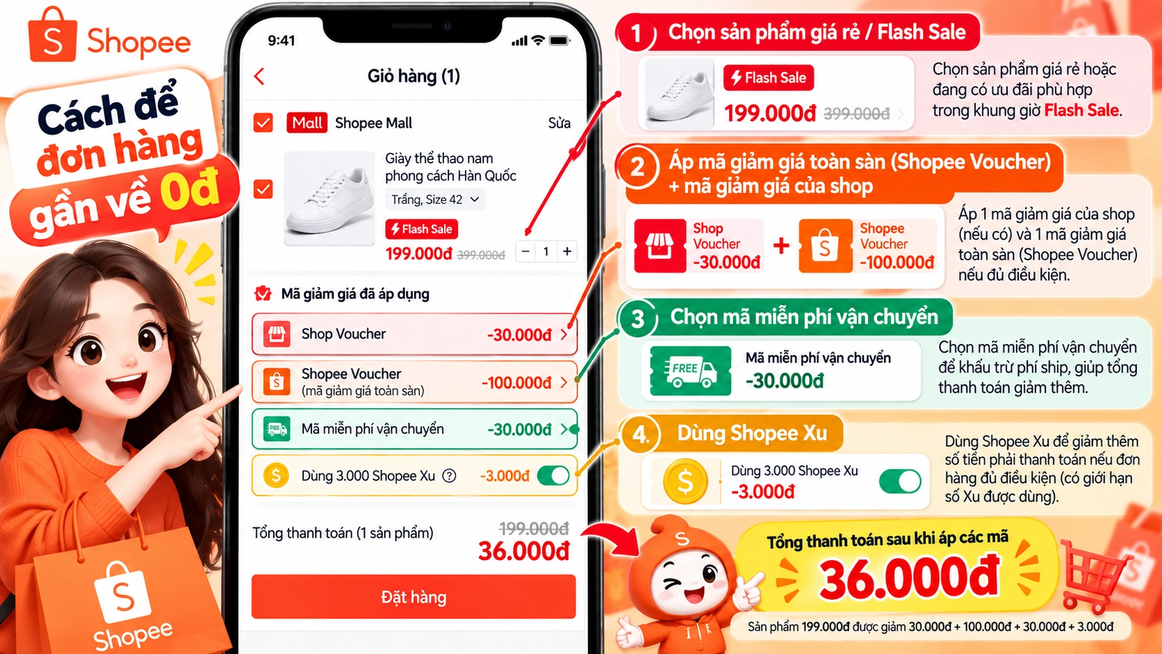 Hình minh họa kết hợp voucher để giảm tối đa Hình minh họa cách kết hợp voucher Shopee để giảm tối đa