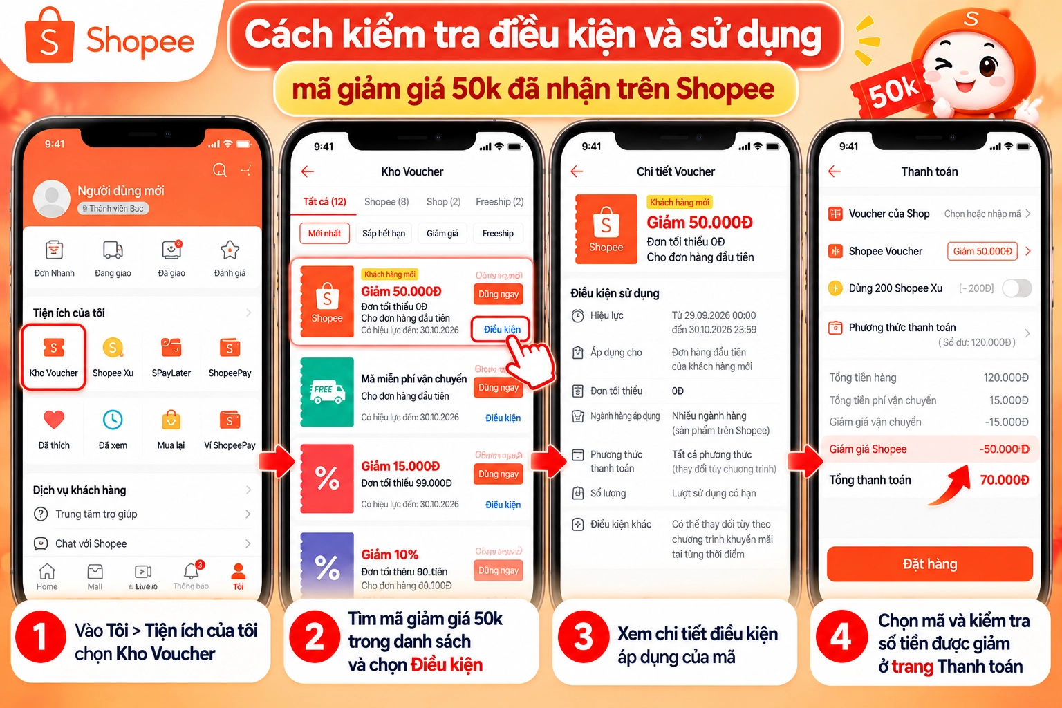 Hình minh họa kiểm tra điều kiện mã giảm giá 50k Hình minh họa xem điều kiện áp dụng mã trong Kho Voucher Shopee