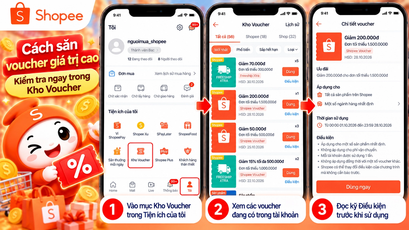 Hình minh họa kiểm tra Kho Voucher trước khi mua hàng Hình minh họa danh sách voucher trong Kho Voucher Shopee