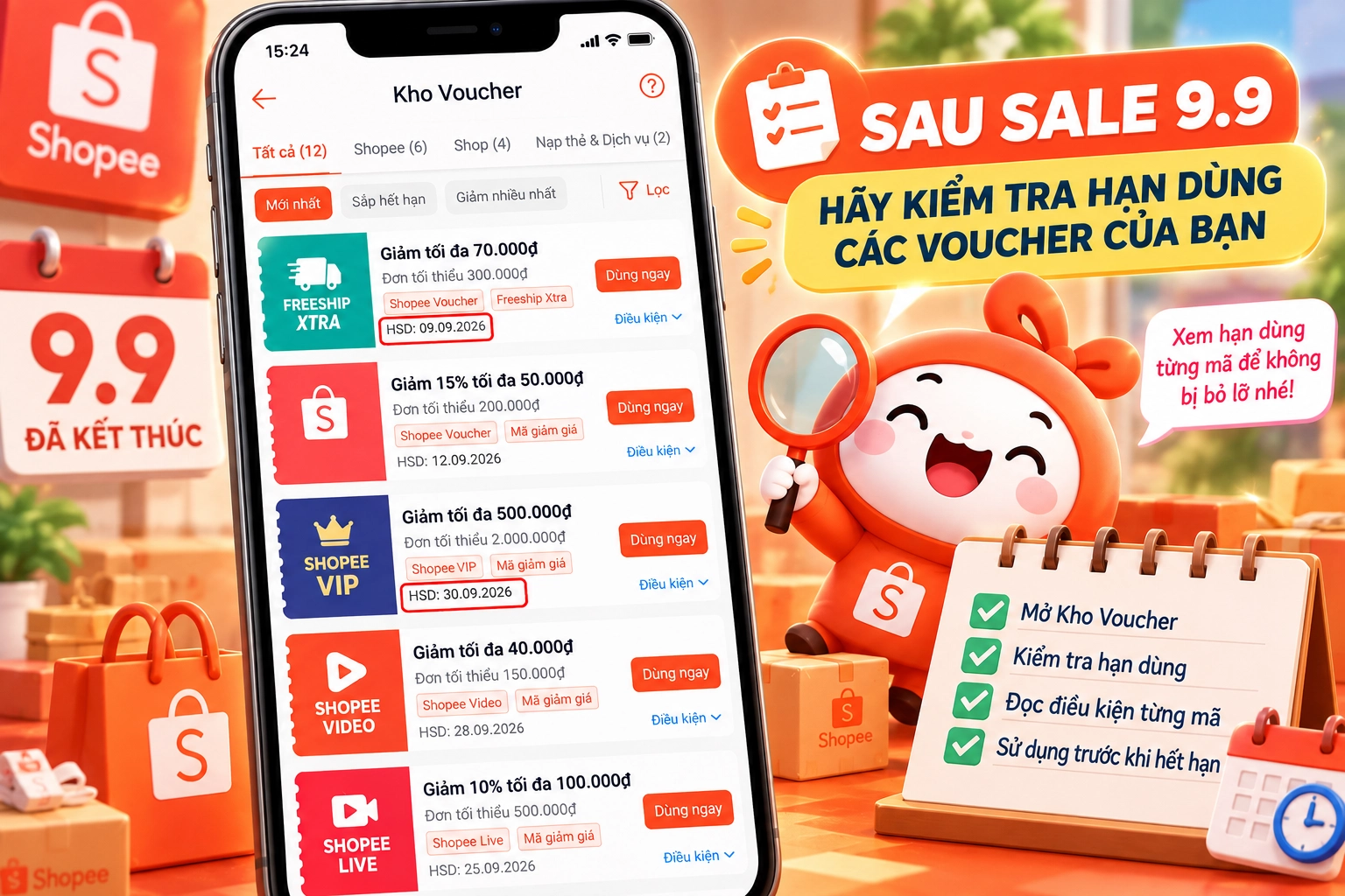 Hình minh họa kiểm tra hạn voucher Shopee sau sale Hình minh họa kho Voucher Shopee xem hạn dùng của từng mã sau đợt sale