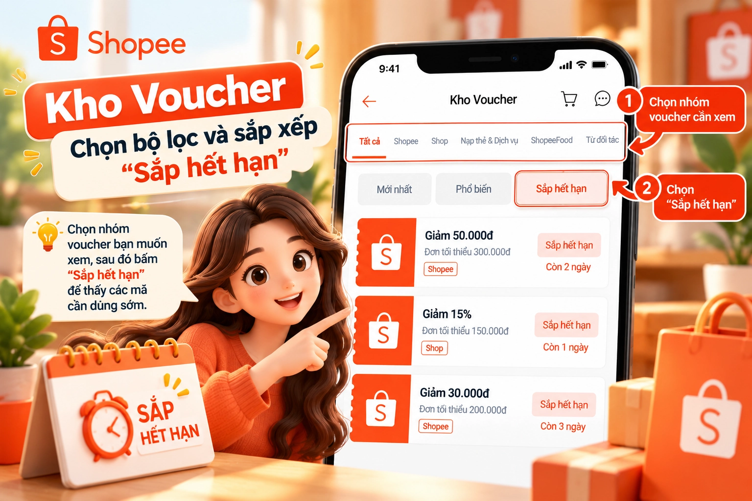 Hình minh họa màn hình Kho Voucher trên ứng dụng Shopee Hình minh họa màn hình Kho Voucher trên ứng dụng Shopee có phần lọc theo loại voucher và lựa chọn sắp xếp Sắp hết hạn