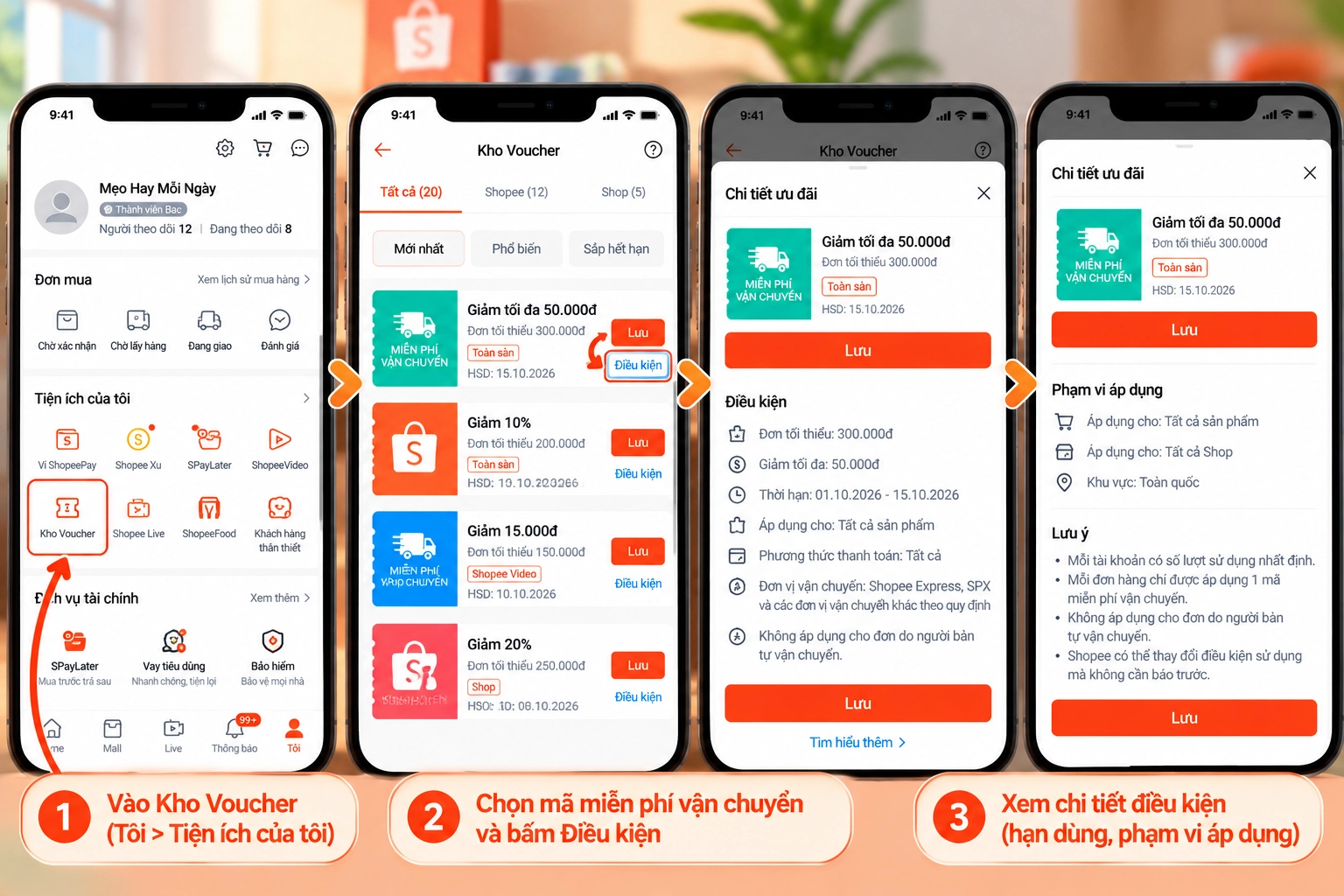 Hình minh họa kho Voucher Shopee và mã freeship Hình minh họa kho Voucher Shopee hiển thị mã miễn phí vận chuyển và mục Điều kiện