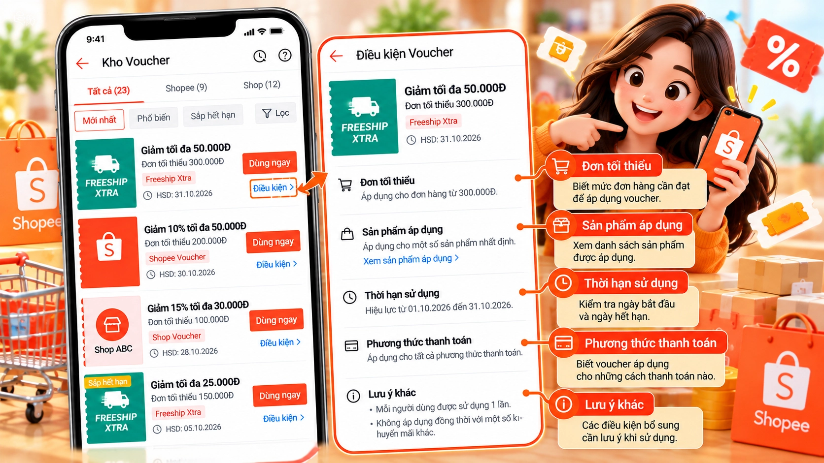 Hình minh họa xem điều kiện voucher trong Kho Voucher Shopee Hình minh họa kho Voucher Shopee hiển thị phần điều kiện của một voucher: đơn tối thiểu, sản phẩm áp dụng và hạn sử dụng