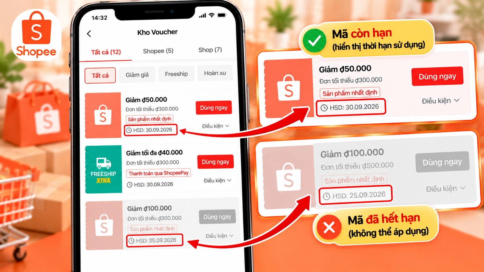 Hình minh họa kho Voucher Shopee hiển thị thời hạn sử dụng của từng mã